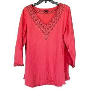 EDDIE BAUER Coral embroidered Beachy Boho v neck loose fit size XL